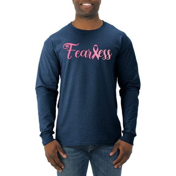 Wild Bobby, Fearless Pink Ribbon Support Warrior Women, Breast Cancer Awareness, Men Long Sleeve Shirt, Vintage Heather Navy, Large