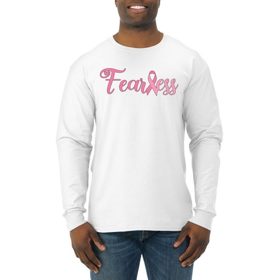 Wild Bobby, Fearless Pink Ribbon Support Warrior Women, Breast Cancer Awareness, Men Long Sleeve Shirt, White, Large