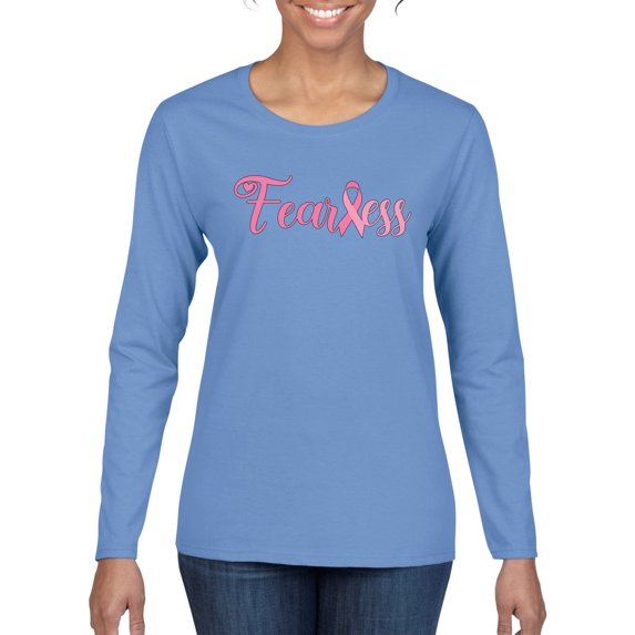 Wild Bobby, Fearless Pink Ribbon Support Warrior Women, Breast Cancer Awareness, Women Graphic Long Sleeve Tee, Light Blue, XX-Large