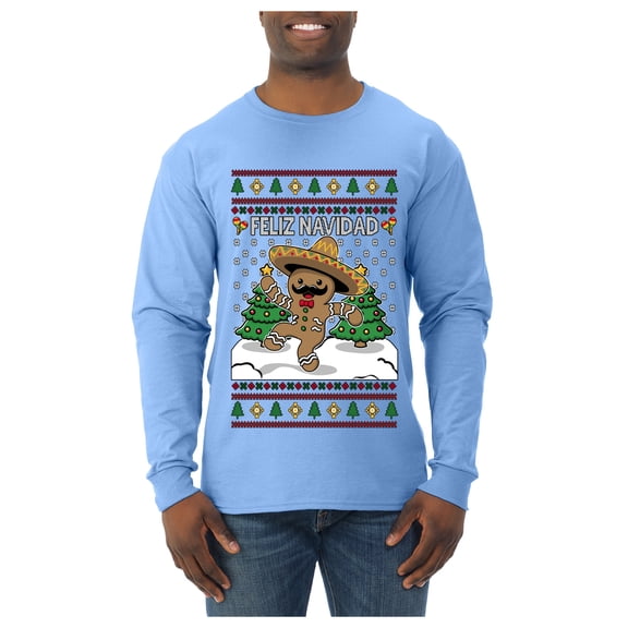 Wild Bobby Feliz Navidad Dancing Gingerbread Man Sweater | Holiday Men Long Sleeve Shirt