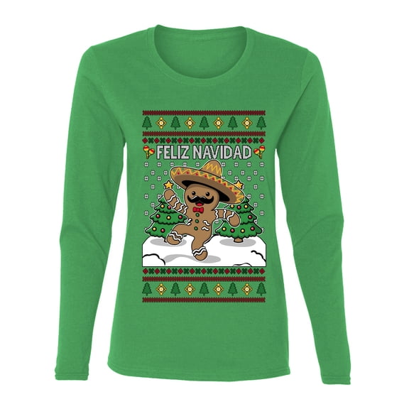 Wild Bobby Feliz Navidad Dancing Gingerbread Man Sweater | Holiday Women Graphic Long Sleeve Tee