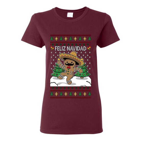 Wild Bobby Feliz Navidad Dancing Gingerbread Man Sweater | Holiday Women Graphic Tee