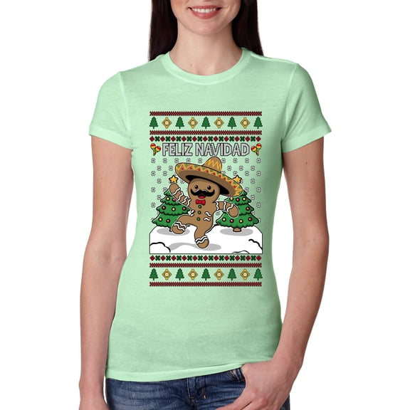 Wild Bobby Feliz Navidad Dancing Gingerbread Man Sweater | Holiday Women Slim Fit Junior Tee