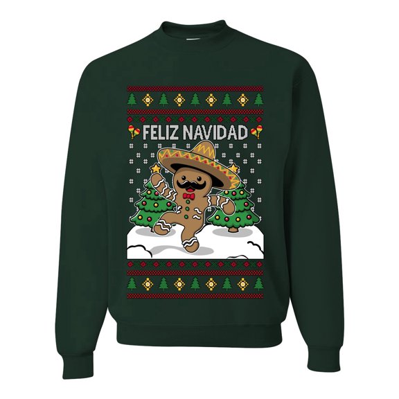Wild Bobby Feliz Navidad Dancing Gingerbread Man Unisex Sweater | Holiday Crewneck Sweatshirt
