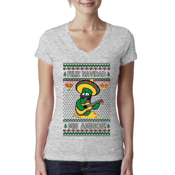 Wild Bobby Feliz Navidad Mis Amigos! Christmas Sweater | Funny Holiday Women Junior Fit V-Neck Tee