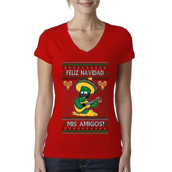 Wild Bobby Feliz Navidad Mis Amigos! Christmas Sweater | Funny Holiday Women Junior Fit V-Neck Tee