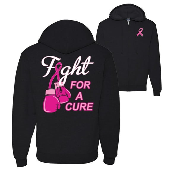 Wild Bobby, Fight for a Cure Fight Support, Breast Cancer Awareness, Front and Back Graphic Zip Up Hoodie Sweatshirt, Black, Large