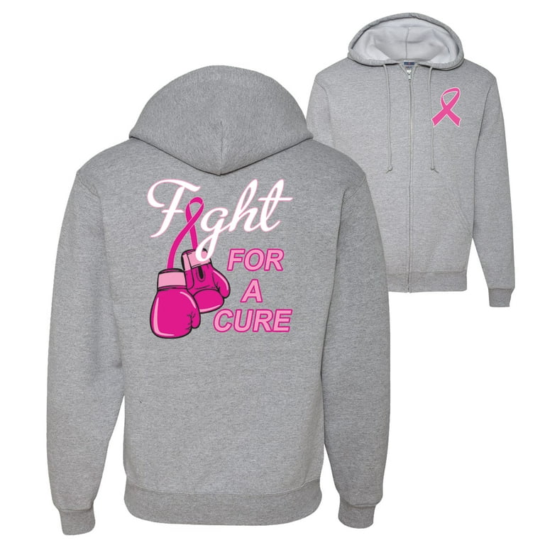 Wild Bobby Fight for a Cure Fight Support Breast Cancer Awareness Front and Back Graphic Zip Up Hoodie Sweatshirt Heather Grey Large