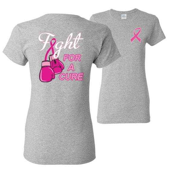 Wild Bobby, Fight for a Cure Fight Support, Breast Cancer Awareness, Front and Back Women Graphic Tee, Heather Grey, Small
