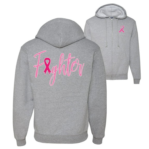 Wild Bobby, Fighter Breast Cancer Survivor, Breast Cancer Awareness, Front and Back Graphic Zip Up Hoodie Sweatshirt, Heather Grey, X-Large