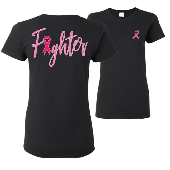 Wild Bobby, Fighter Breast Cancer Survivor, Breast Cancer Awareness, Front and Back Women Graphic Tee, Black, X-Large