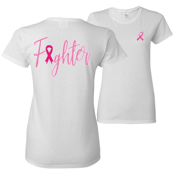 Wild Bobby, Fighter Breast Cancer Survivor, Breast Cancer Awareness, Front and Back Women Graphic Tee, White, 3X-Large