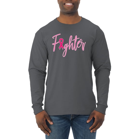 Wild Bobby, Fighter Breast Cancer Survivor, Breast Cancer Awareness, Men Long Sleeve Shirt, Charcoal, Large