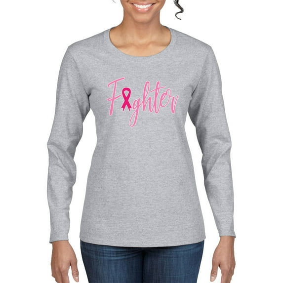 Wild Bobby, Fighter Breast Cancer Survivor, Breast Cancer Awareness, Women Graphic Long Sleeve Tee, Heather Grey, XX-Large