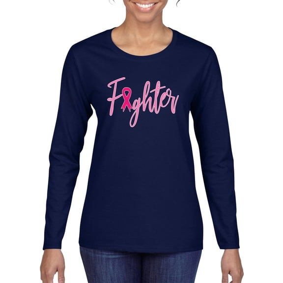 Wild Bobby, Fighter Breast Cancer Survivor, Breast Cancer Awareness, Women Graphic Long Sleeve Tee, Navy, XX-Large