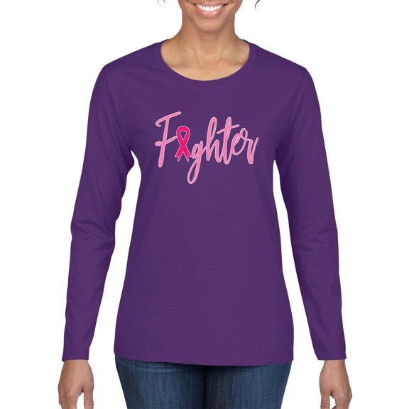 Wild Bobby, Fighter Breast Cancer Survivor, Breast Cancer Awareness, Women Graphic Long Sleeve Tee, Purple, Large