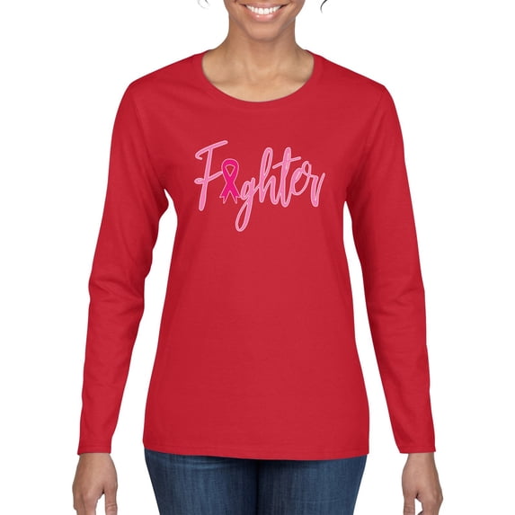 Wild Bobby, Fighter Breast Cancer Survivor, Breast Cancer Awareness, Women Graphic Long Sleeve Tee, Red, X-Large
