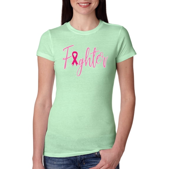 Wild Bobby, Fighter Breast Cancer Survivor, Breast Cancer Awareness, Women Slim Fit Junior Tee, Mint, Small