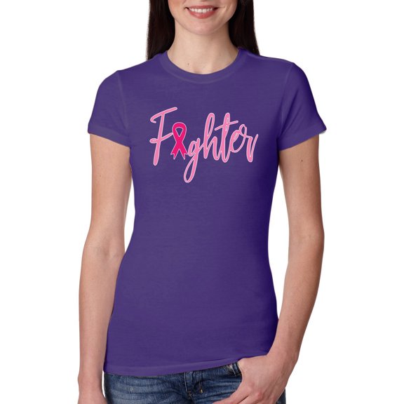 Wild Bobby, Fighter Breast Cancer Survivor, Breast Cancer Awareness, Women Slim Fit Junior Tee, Purple Rush, Medium