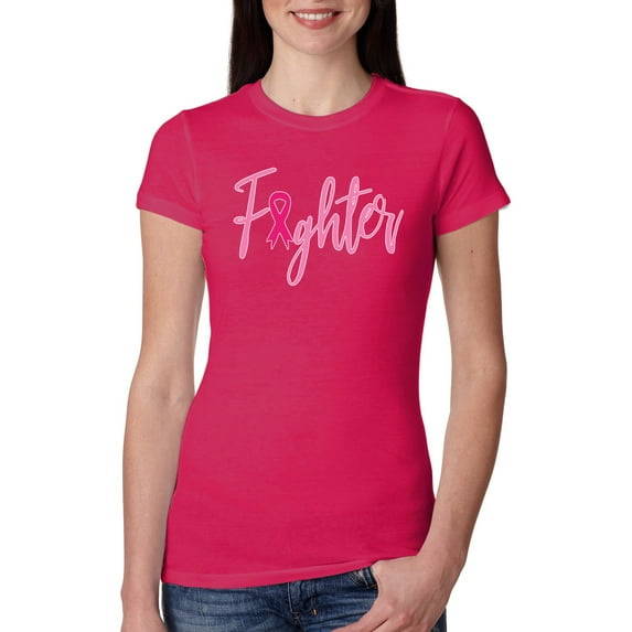 Wild Bobby, Fighter Breast Cancer Survivor, Breast Cancer Awareness, Women Slim Fit Junior Tee, Raspberry, Small