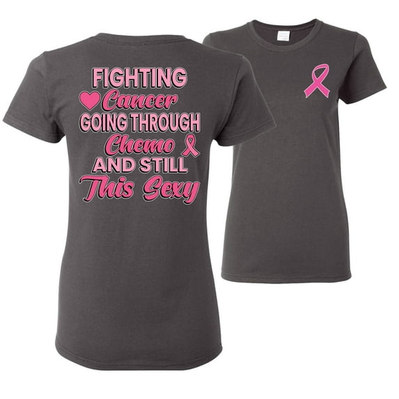 Wild Bobby, Fighting Cancer And Still Sexy, Breast Cancer Awareness, Front and Back Women Graphic Tee, Charcoal, Medium