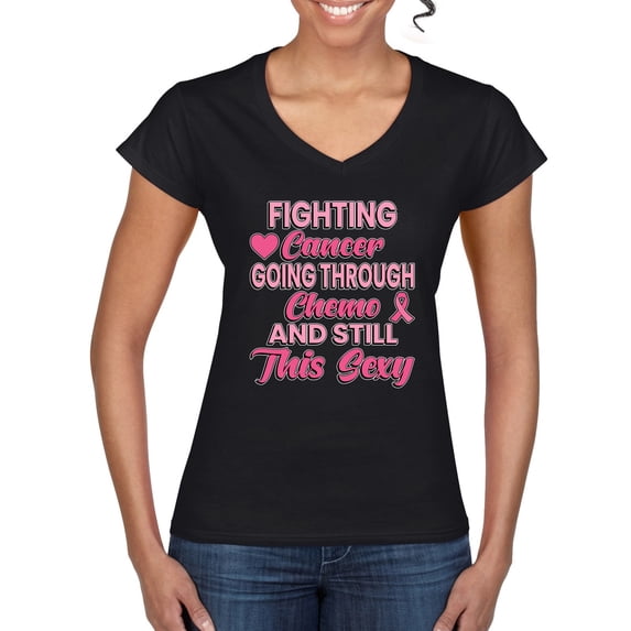 Wild Bobby, Fighting Cancer And Still Sexy, Breast Cancer Awareness, Women Standard V-Neck Tee, Black, XX-Large