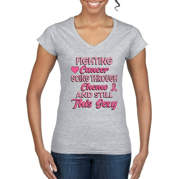 Wild Bobby, Fighting Cancer And Still Sexy, Breast Cancer Awareness, Women Standard V-Neck Tee, Heather Grey, Small
