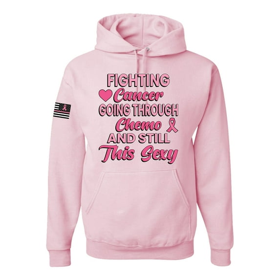 Wild Bobby, Fighting Cancer And Still Sexy USA Flag Sleeve Breast Cancer Awareness Unisex Hoodie Sweatshirt, Light Pink, Large