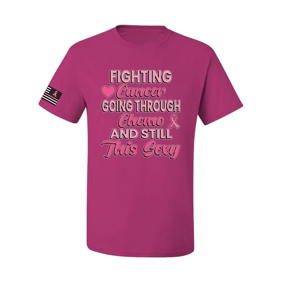 Wild Bobby Fighting Cancer And Still Sexy USA Flag Sleeve Breast Cancer Awareness Unisex Tee, Fuschia, XX-Large