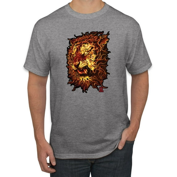 Wild Bobby, Fire Lion Face, Animal Lover, Men Graphic Tees, Heather Grey, X-Large