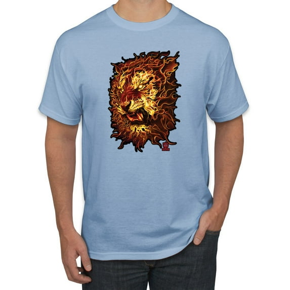 Wild Bobby, Fire Lion Face, Animal Lover, Men Graphic Tees, Light Blue, Medium