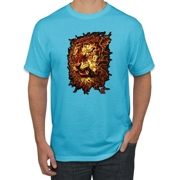Wild Bobby, Fire Lion Face, Animal Lover, Men Graphic Tees, Light Turquoise, Medium