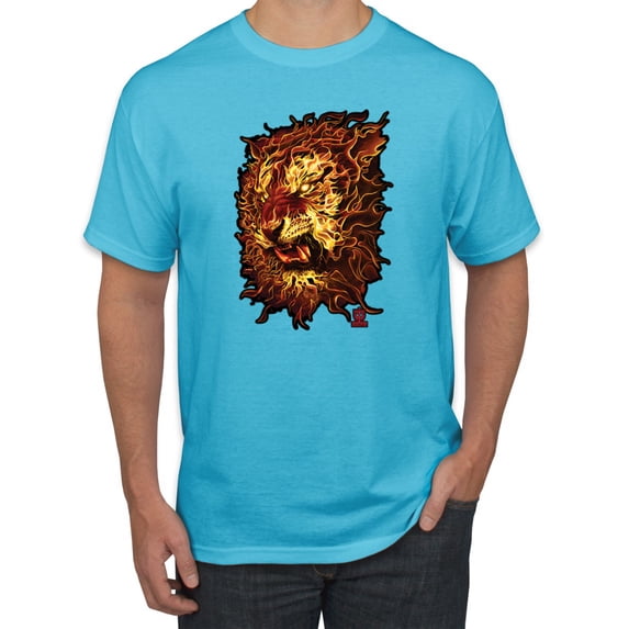 Wild Bobby, Fire Lion Face, Animal Lover, Men Graphic Tees, Light Turquoise, Medium