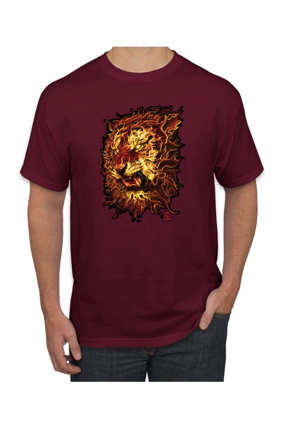 , Fire Lion Face, Animal Lover, Men Graphic Tees, Maroon, 2XL