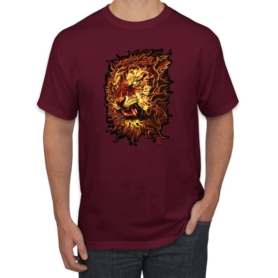 Wild Bobby, Fire Lion Face, Animal Lover, Men Graphic Tees, Maroon, Small