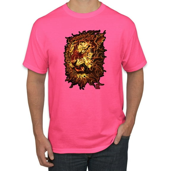 Wild Bobby, Fire Lion Face, Animal Lover, Men Graphic Tees, Neon Pink, X-Large