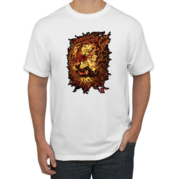 Wild Bobby, Fire Lion Face, Animal Lover, Men Graphic Tees, White, Medium