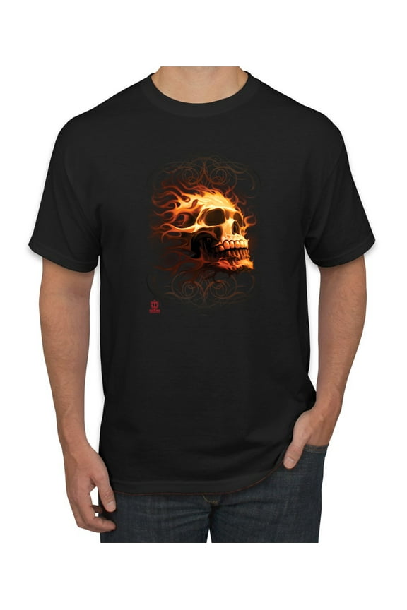 , Firey Flaming Skull, Pop Culture, Men Graphic Tees, Black, Small
