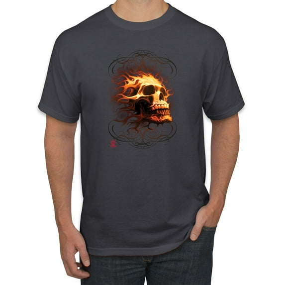 Wild Bobby, Firey Flaming Skull, Pop Culture, Men Graphic Tees, Charcoal, Small