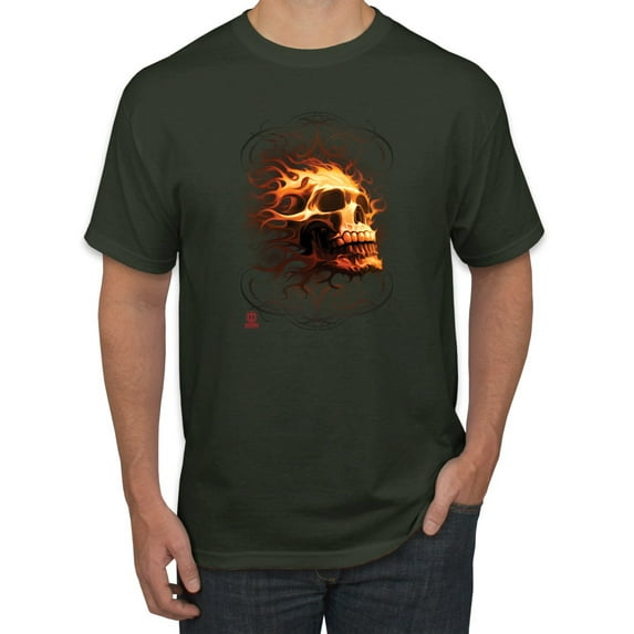 Wild Bobby, Firey Flaming Skull, Pop Culture, Men Graphic Tees, Forest Green, Medium