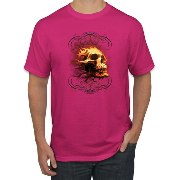 Wild Bobby, Firey Flaming Skull, Pop Culture, Men Graphic Tees, Fuschia, Small