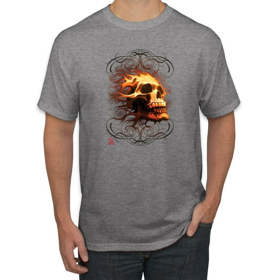 Wild Bobby, Firey Flaming Skull, Pop Culture, Men Graphic Tees, Heather Grey, X-Large