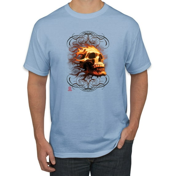 Wild Bobby, Firey Flaming Skull, Pop Culture, Men Graphic Tees, Light Blue, 4XL