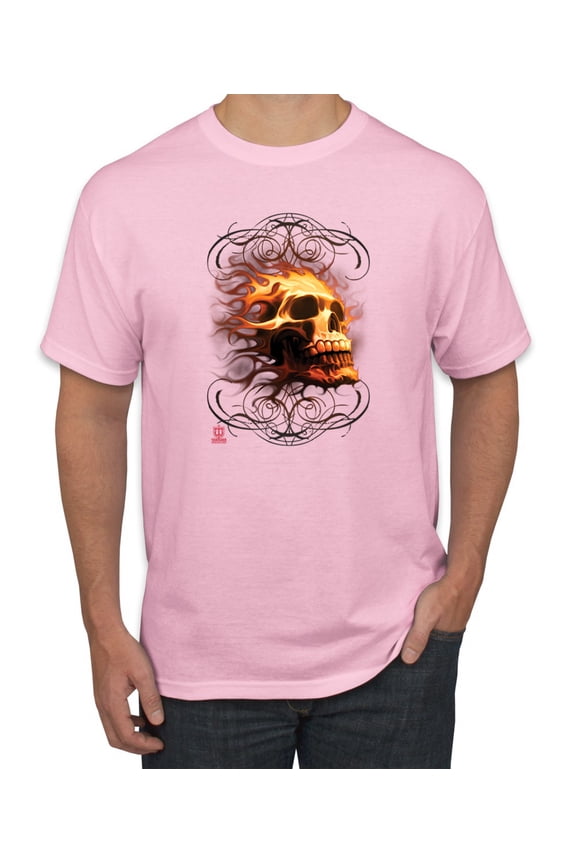 , Firey Flaming Skull, Pop Culture, Men Graphic Tees, Light Pink, 3XL