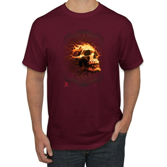 Wild Bobby, Firey Flaming Skull, Pop Culture, Men Graphic Tees, Maroon, Large
