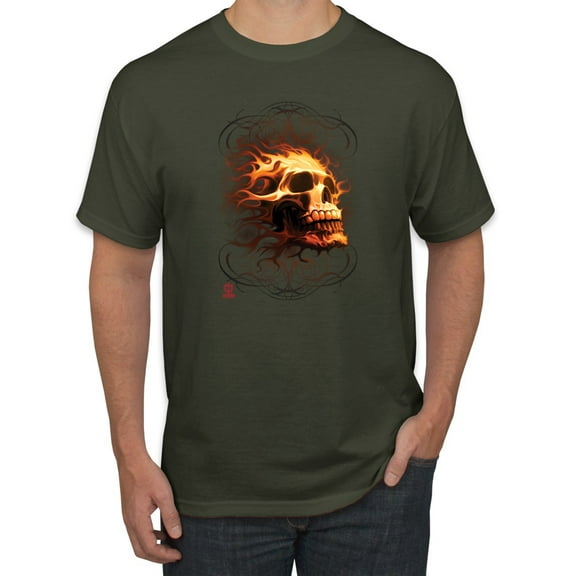 Wild Bobby, Firey Flaming Skull, Pop Culture, Men Graphic Tees, Military Green, X-Large