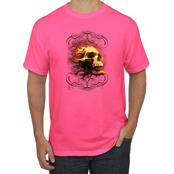 Wild Bobby, Firey Flaming Skull, Pop Culture, Men Graphic Tees, Neon Pink, Small