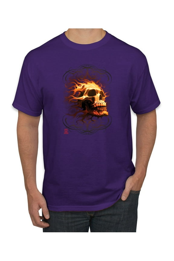 , Firey Flaming Skull, Pop Culture, Men Graphic Tees, Purple, Large