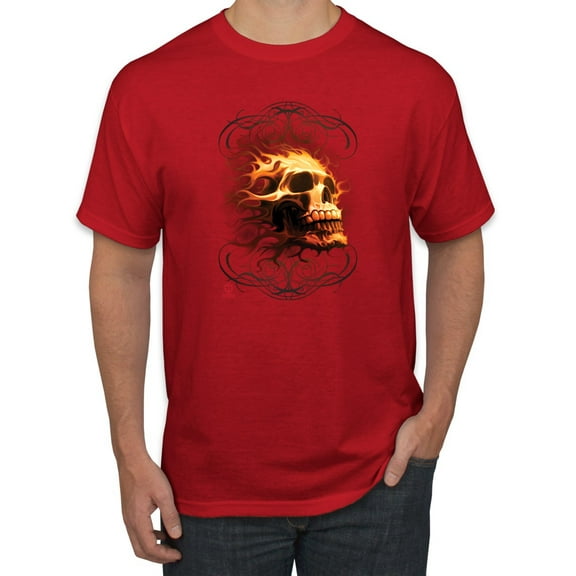 Wild Bobby, Firey Flaming Skull, Pop Culture, Men Graphic Tees, Red, Small