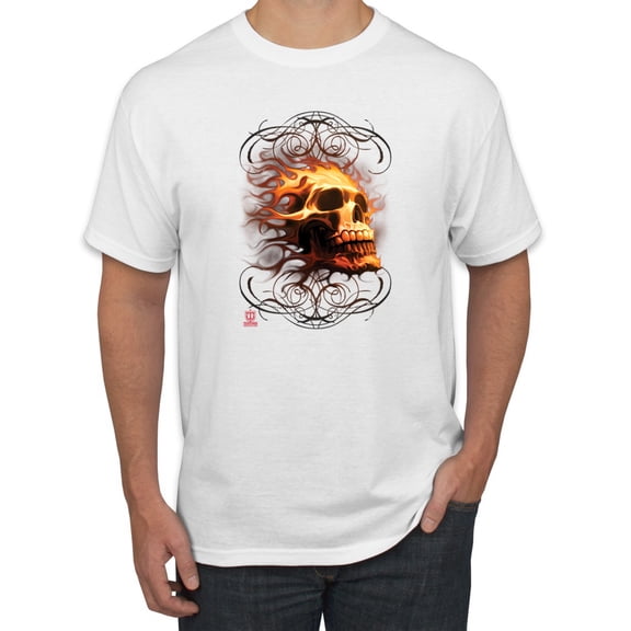 Wild Bobby, Firey Flaming Skull, Pop Culture, Men Graphic Tees, White, 4XL